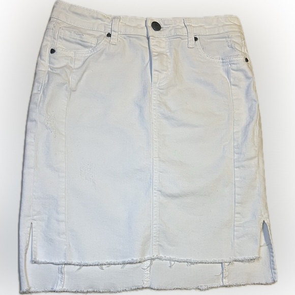KUT Connie Step Raw Hem Stretch Cotton Skirt Size 4 White Mildly Distressed - Picture 10 of 13